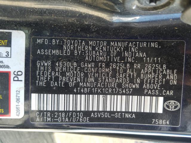 Photo 9 VIN: 4T4BF1FK1CR175457 - TOYOTA CAMRY BASE 