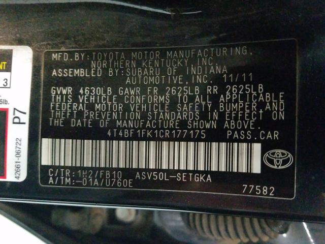 Photo 9 VIN: 4T4BF1FK1CR177175 - TOYOTA CAMRY BASE 