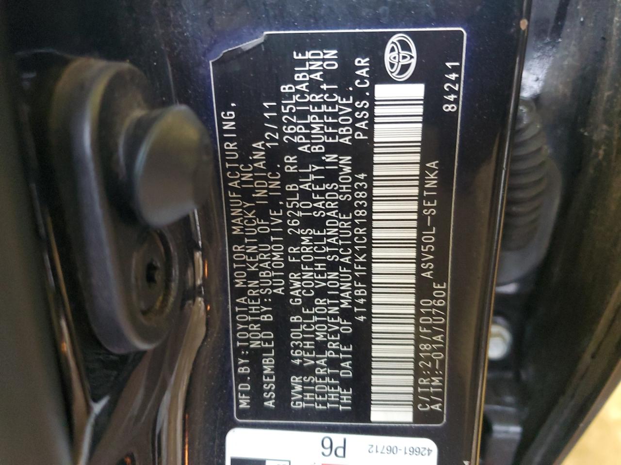 Photo 11 VIN: 4T4BF1FK1CR183834 - TOYOTA CAMRY 