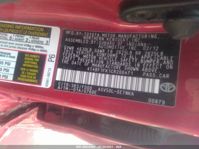 Photo 8 VIN: 4T4BF1FK1CR200471 - TOYOTA CAMRY 