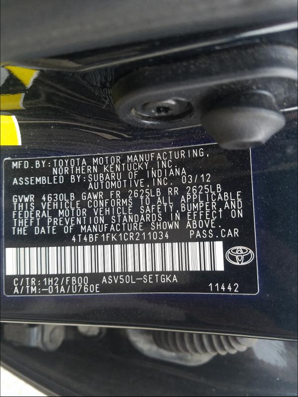 Photo 9 VIN: 4T4BF1FK1CR211034 - TOYOTA CAMRY BASE 