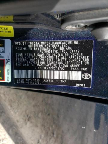 Photo 9 VIN: 4T4BF1FK1CR218792 - TOYOTA CAMRY BASE 