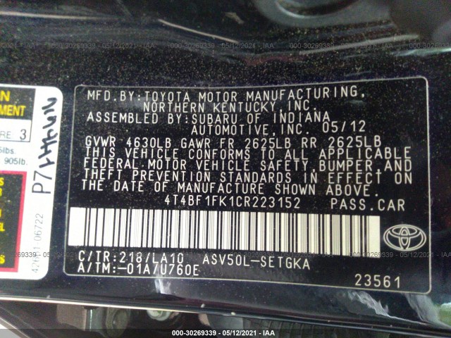 Photo 8 VIN: 4T4BF1FK1CR223152 - TOYOTA CAMRY 