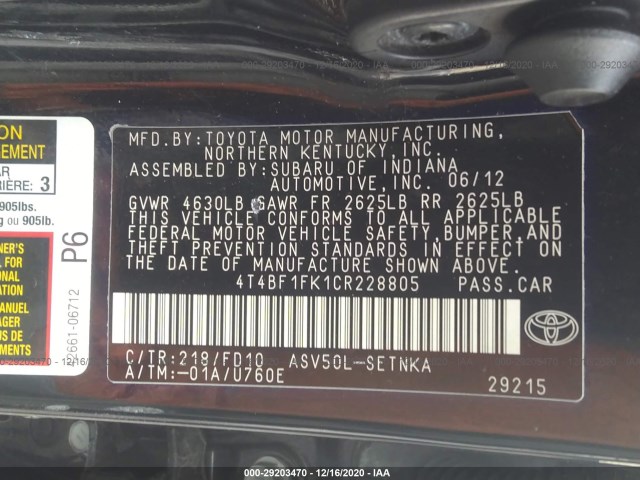 Photo 8 VIN: 4T4BF1FK1CR228805 - TOYOTA CAMRY 