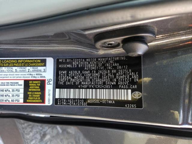 Photo 9 VIN: 4T4BF1FK1CR242851 - TOYOTA CAMRY BASE 