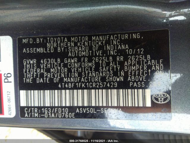 Photo 8 VIN: 4T4BF1FK1CR257429 - TOYOTA CAMRY 