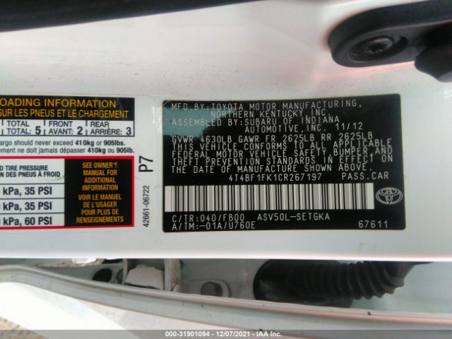 Photo 8 VIN: 4T4BF1FK1CR267197 - TOYOTA CAMRY 