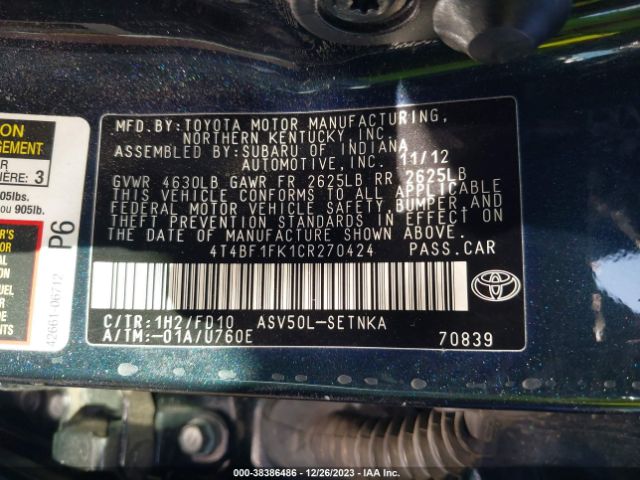 Photo 8 VIN: 4T4BF1FK1CR270424 - TOYOTA CAMRY 