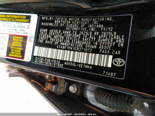 Photo 8 VIN: 4T4BF1FK1CR271072 - TOYOTA CAMRY 