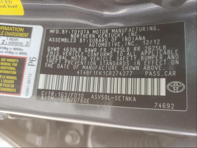 Photo 9 VIN: 4T4BF1FK1CR274277 - TOYOTA CAMRY 