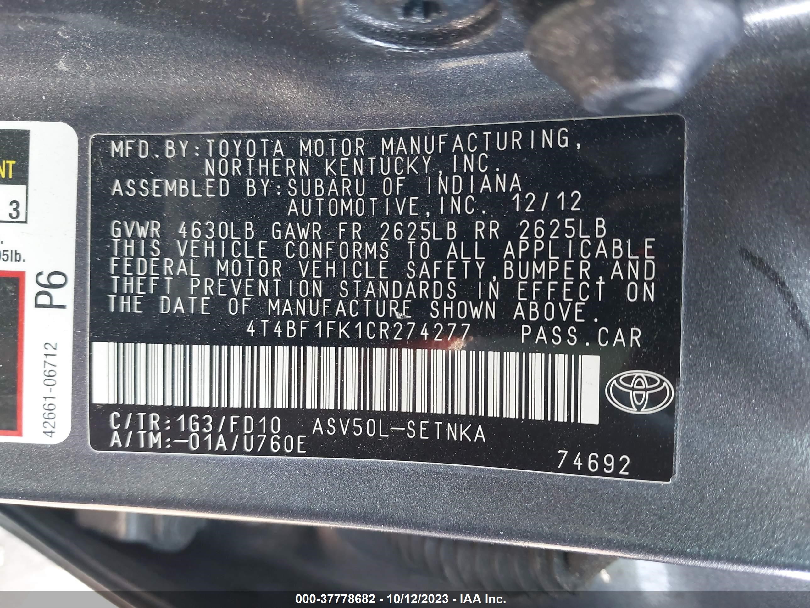 Photo 8 VIN: 4T4BF1FK1CR274277 - TOYOTA CAMRY 