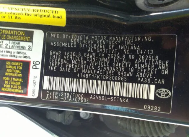 Photo 8 VIN: 4T4BF1FK1DR308865 - TOYOTA CAMRY 