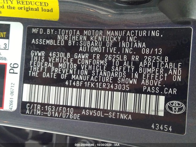 Photo 8 VIN: 4T4BF1FK1ER343035 - TOYOTA CAMRY 