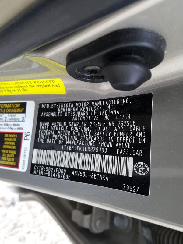 Photo 9 VIN: 4T4BF1FK1ER379193 - TOYOTA CAMRY L 