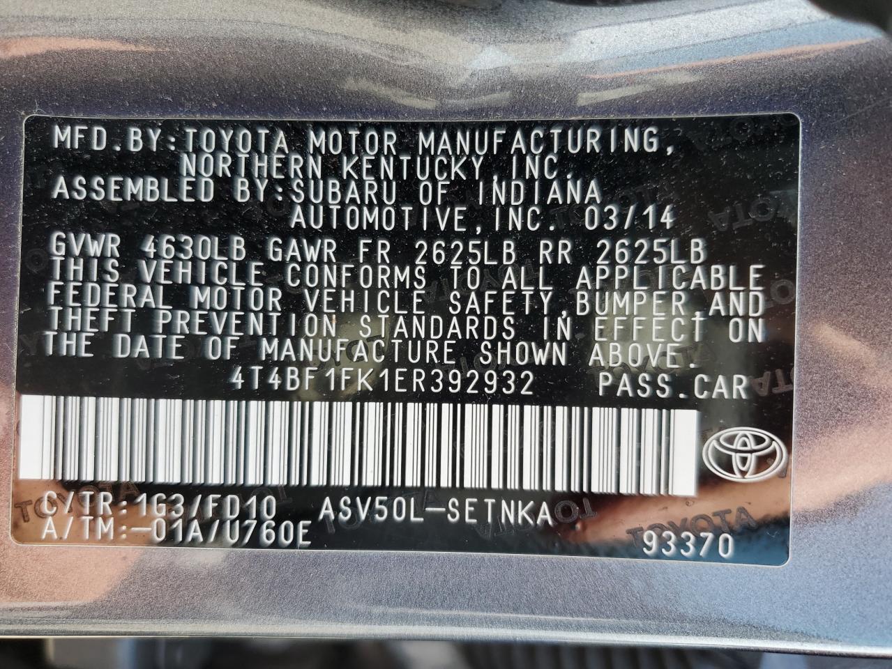 Photo 11 VIN: 4T4BF1FK1ER392932 - TOYOTA CAMRY 