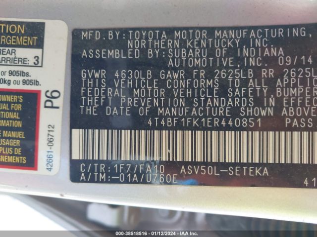 Photo 8 VIN: 4T4BF1FK1ER440851 - TOYOTA CAMRY 