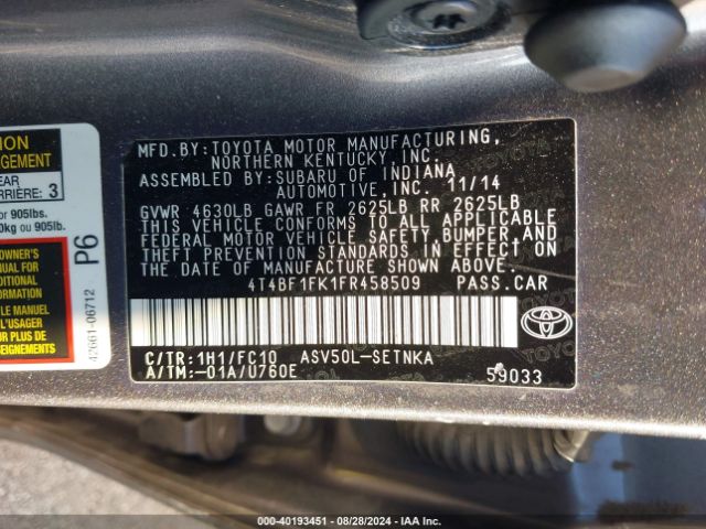 Photo 8 VIN: 4T4BF1FK1FR458509 - TOYOTA CAMRY 