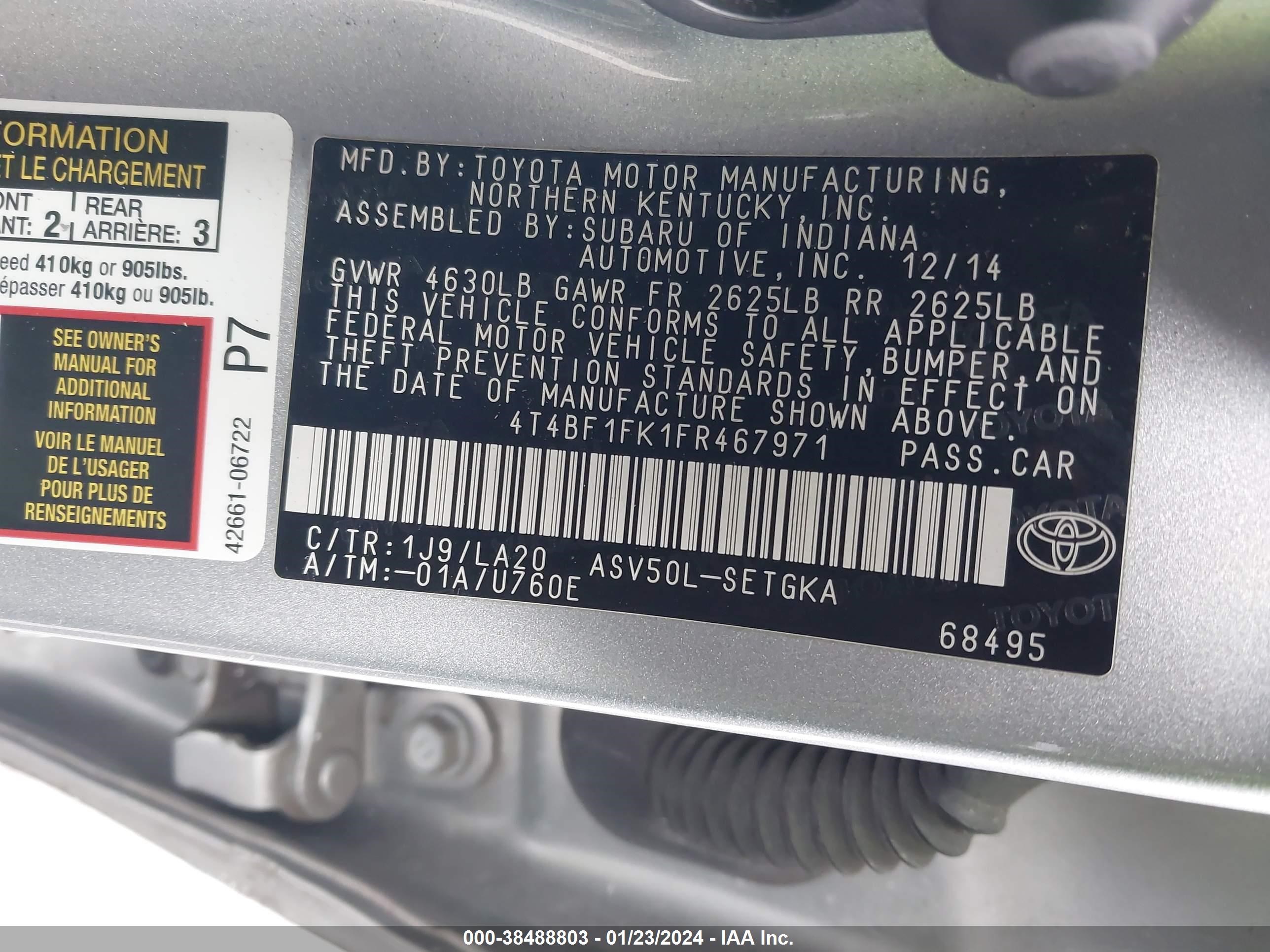 Photo 8 VIN: 4T4BF1FK1FR467971 - TOYOTA CAMRY 