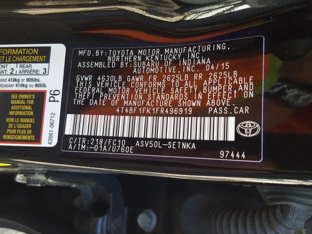 Photo 9 VIN: 4T4BF1FK1FR496919 - TOYOTA CAMRY LE 