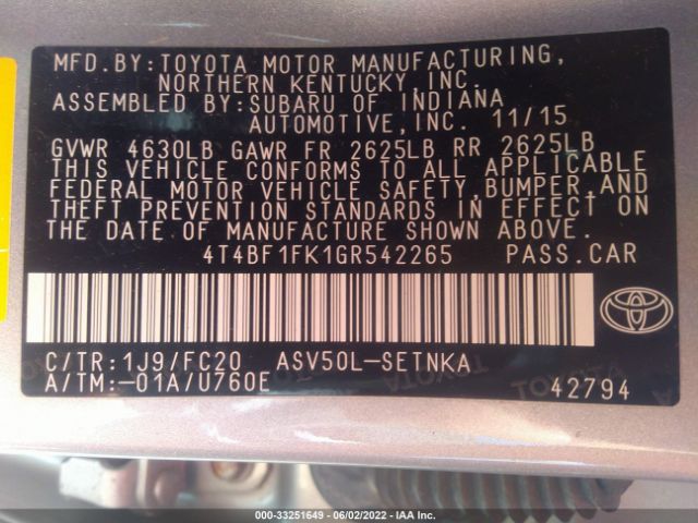 Photo 8 VIN: 4T4BF1FK1GR542265 - TOYOTA CAMRY 