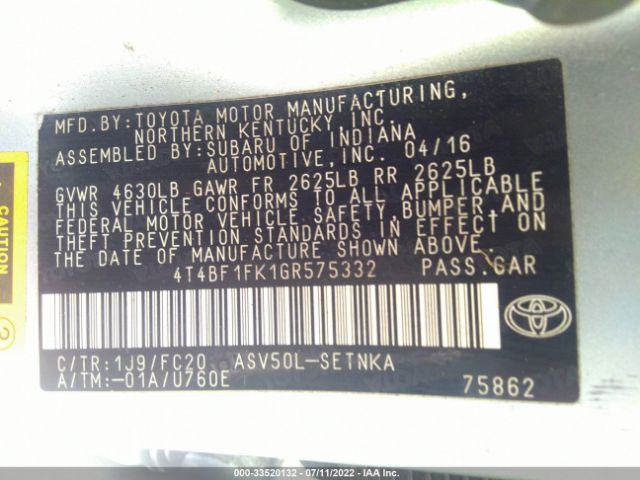 Photo 8 VIN: 4T4BF1FK1GR575332 - TOYOTA CAMRY 