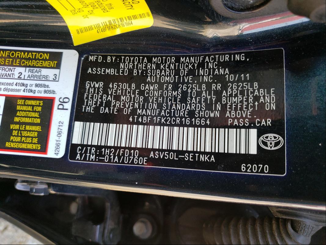 Photo 9 VIN: 4T4BF1FK2CR161664 - TOYOTA CAMRY BASE 