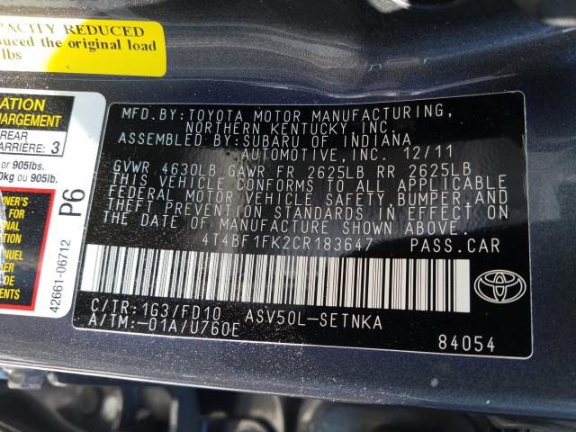 Photo 9 VIN: 4T4BF1FK2CR183647 - TOYOTA CAMRY BASE 