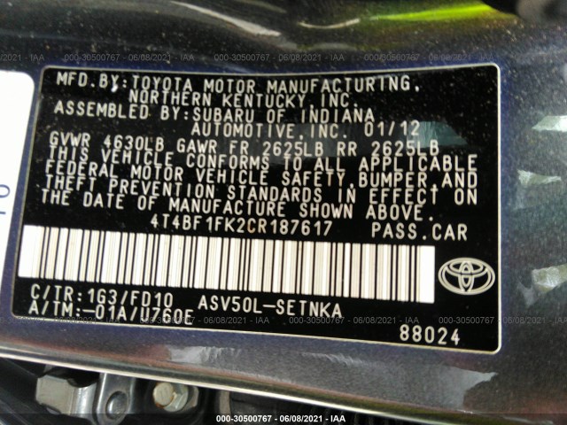 Photo 8 VIN: 4T4BF1FK2CR187617 - TOYOTA CAMRY 