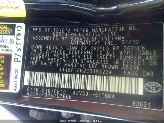 Photo 8 VIN: 4T4BF1FK2CR193224 - TOYOTA CAMRY 