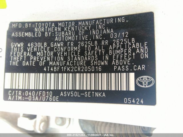 Photo 8 VIN: 4T4BF1FK2CR205016 - TOYOTA CAMRY 