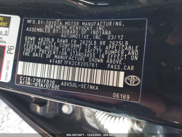 Photo 8 VIN: 4T4BF1FK2CR205761 - TOYOTA CAMRY 