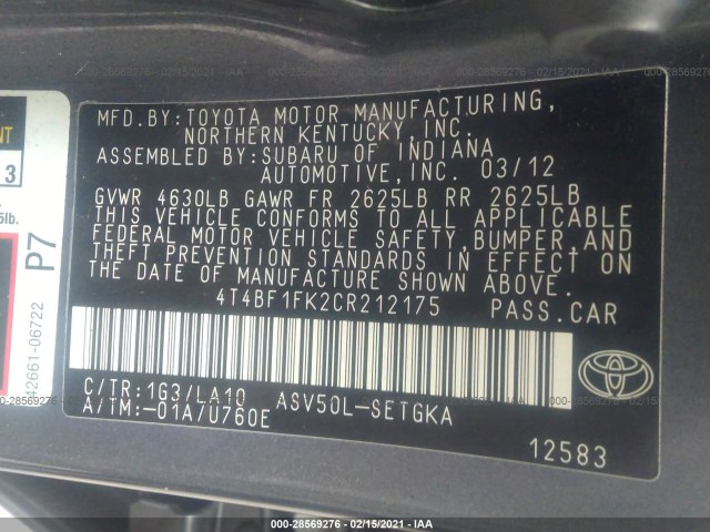 Photo 8 VIN: 4T4BF1FK2CR212175 - TOYOTA CAMRY 