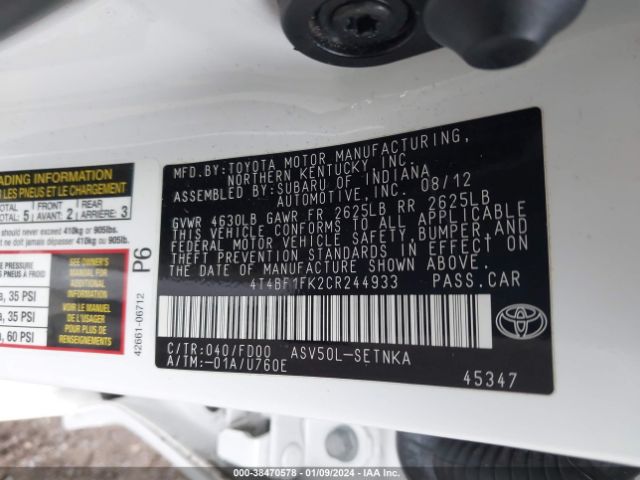 Photo 8 VIN: 4T4BF1FK2CR244933 - TOYOTA CAMRY 