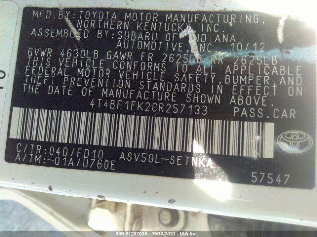 Photo 8 VIN: 4T4BF1FK2CR257133 - TOYOTA CAMRY 