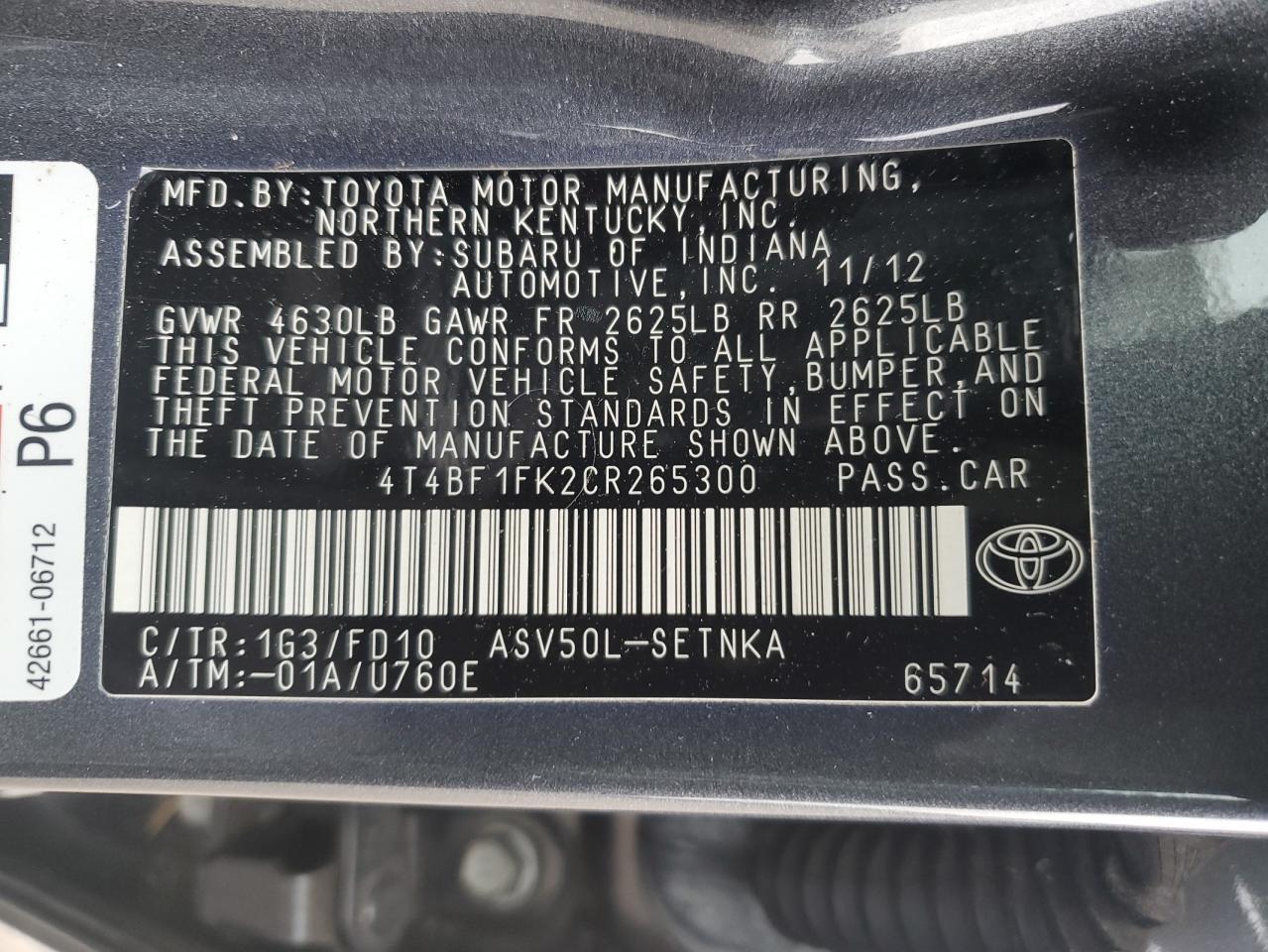 Photo 11 VIN: 4T4BF1FK2CR265300 - TOYOTA CAMRY 