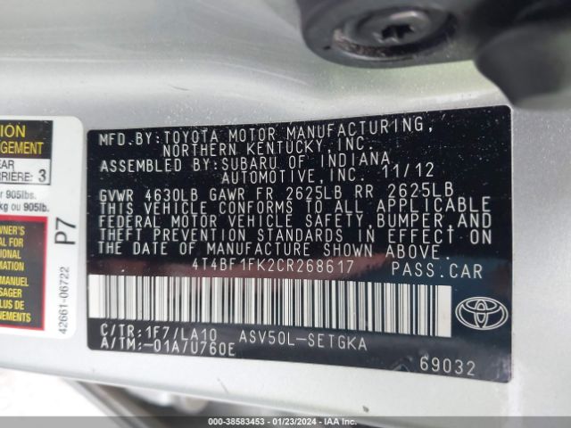 Photo 8 VIN: 4T4BF1FK2CR268617 - TOYOTA CAMRY 