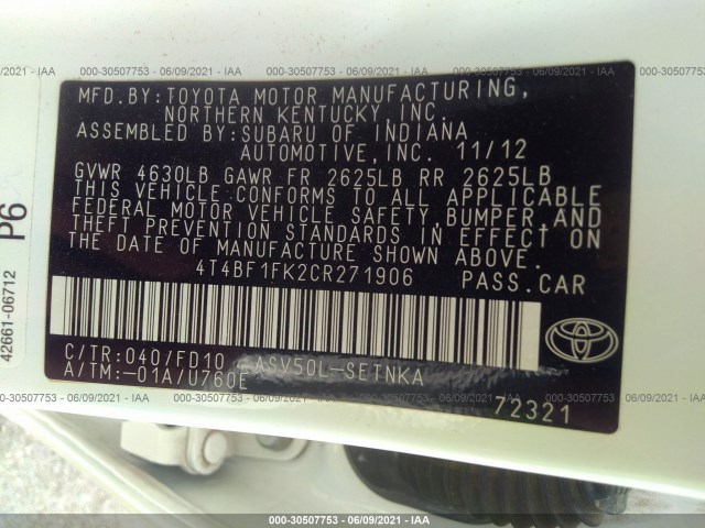 Photo 8 VIN: 4T4BF1FK2CR271906 - TOYOTA CAMRY 