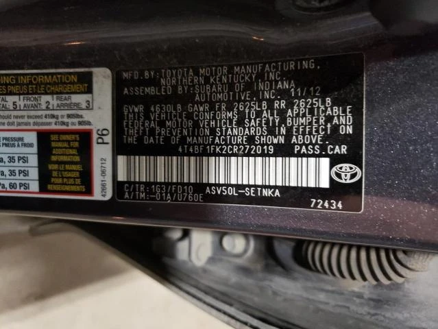 Photo 11 VIN: 4T4BF1FK2CR272019 - TOYOTA CAMRY BASE 