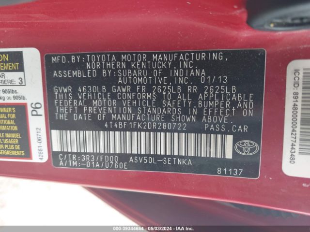 Photo 8 VIN: 4T4BF1FK2DR280722 - TOYOTA CAMRY 