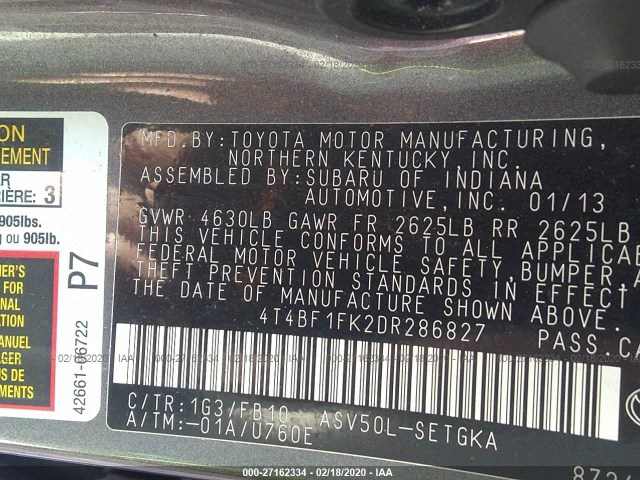 Photo 8 VIN: 4T4BF1FK2DR286827 - TOYOTA CAMRY 