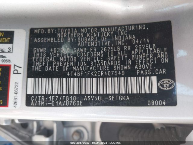 Photo 8 VIN: 4T4BF1FK2ER407549 - TOYOTA CAMRY 