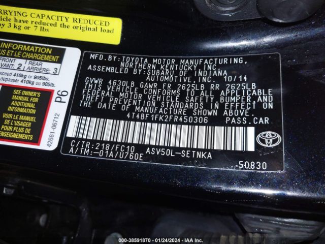 Photo 8 VIN: 4T4BF1FK2FR450306 - TOYOTA CAMRY 