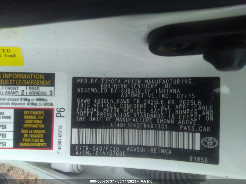 Photo 8 VIN: 4T4BF1FK2FR481331 - TOYOTA CAMRY 