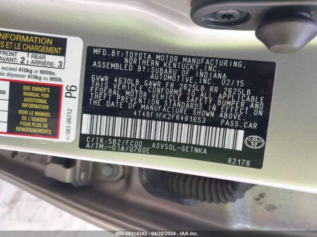 Photo 8 VIN: 4T4BF1FK2FR481653 - TOYOTA CAMRY 