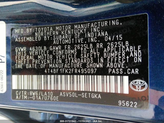 Photo 8 VIN: 4T4BF1FK2FR495097 - TOYOTA CAMRY 