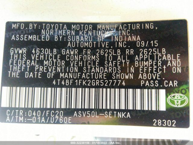 Photo 8 VIN: 4T4BF1FK2GR527774 - TOYOTA CAMRY 