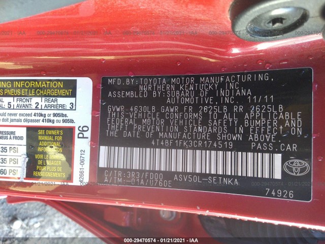 Photo 8 VIN: 4T4BF1FK3CR174519 - TOYOTA CAMRY 