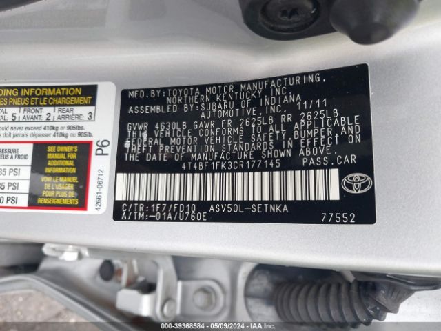 Photo 8 VIN: 4T4BF1FK3CR177145 - TOYOTA CAMRY 