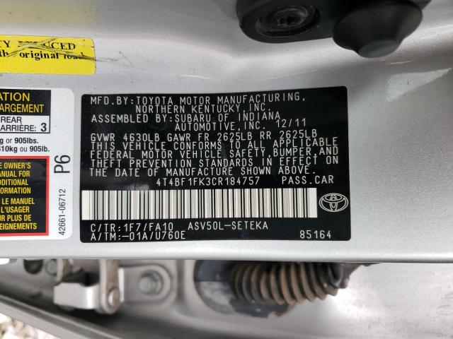 Photo 9 VIN: 4T4BF1FK3CR184757 - TOYOTA CAMRY BASE 