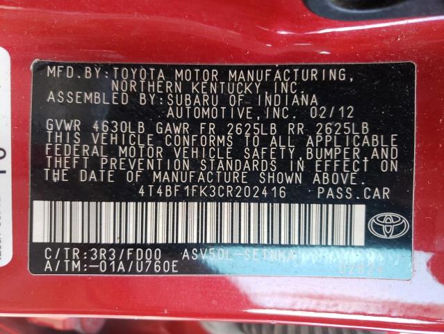 Photo 9 VIN: 4T4BF1FK3CR202416 - TOYOTA CAMRY BASE 